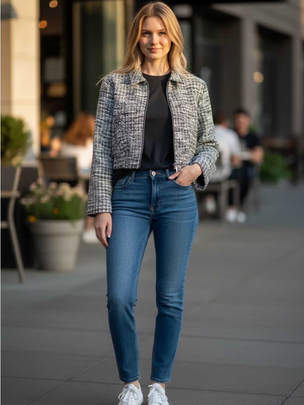 Truth by Republic Cropped  lack and White Tweed Bomber Jacket - Women's Sz 8